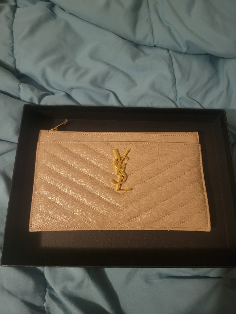 Saint Laurent Beige Quilted Leather Zip Pouch with Gold YSL Logo